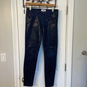 PAIGE Verdugo Ultra Skinny Dark Navy Jeans w/ Shimmering Brocade Pattern